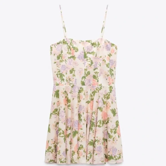 zara floral dress mini FLORAL PRINT VOLUME DRESS - Ecru / Red